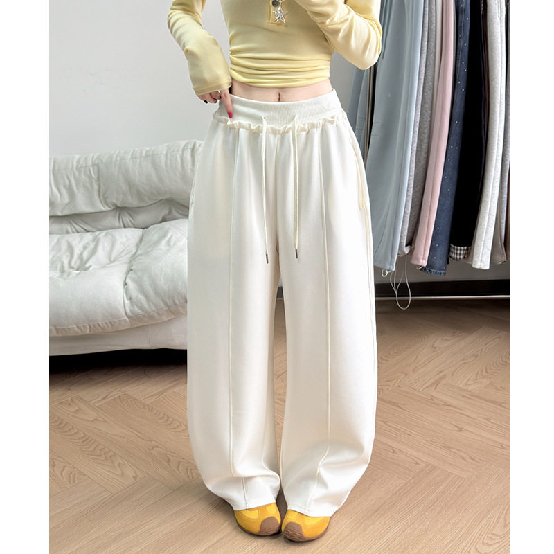 白色花边系带弯刀裤女春秋2026新款小个子高腰显瘦休闲阔腿直筒裤