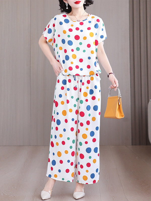 真丝套装女式夏季新时尚圆领休闲人造棉睡衣短袖阔腿裤两件套