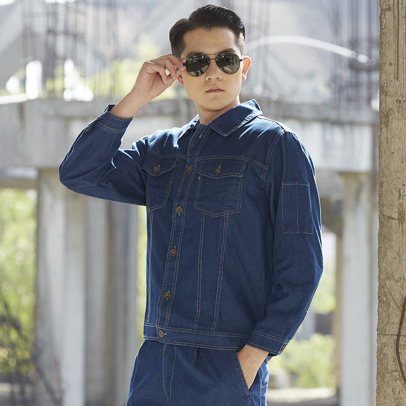 电焊牛仔工作服男套装夏季薄款长袖反光条汽修电工劳保服焊工防烫