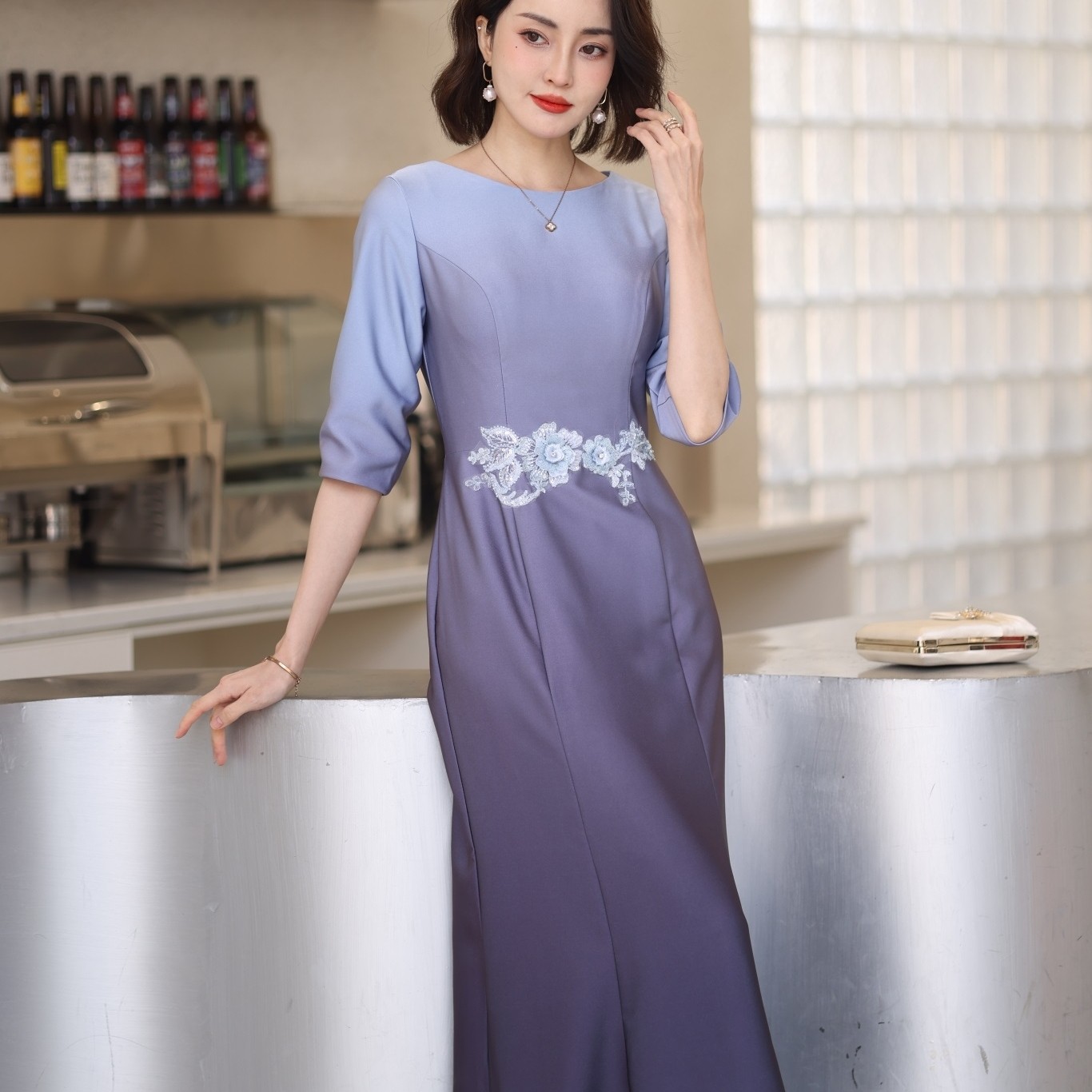 索佰丽年轻款婚礼缎面晚礼服女高端优雅晚宴2025喜妈妈装鱼尾裙