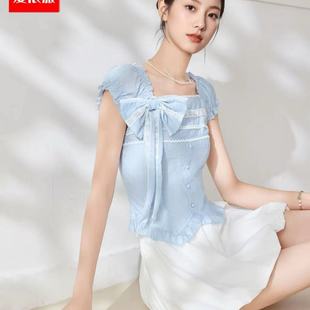 女甜美风蝴蝶结方领气质优雅上衣 IEF 爱依服2025夏季 轻薄短袖 衬衫