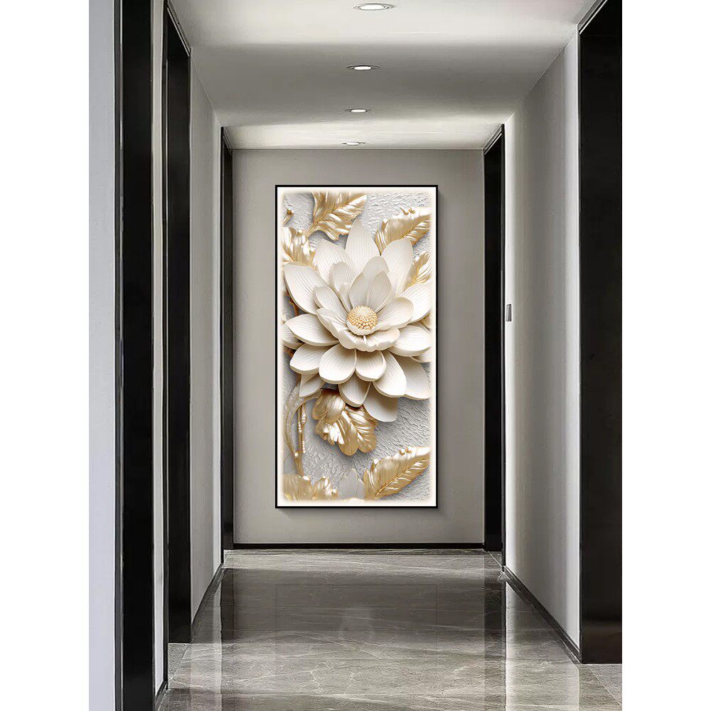 现代简约花开富贵花卉进门入户玄关装饰画竖版过道走廊LED灯挂画