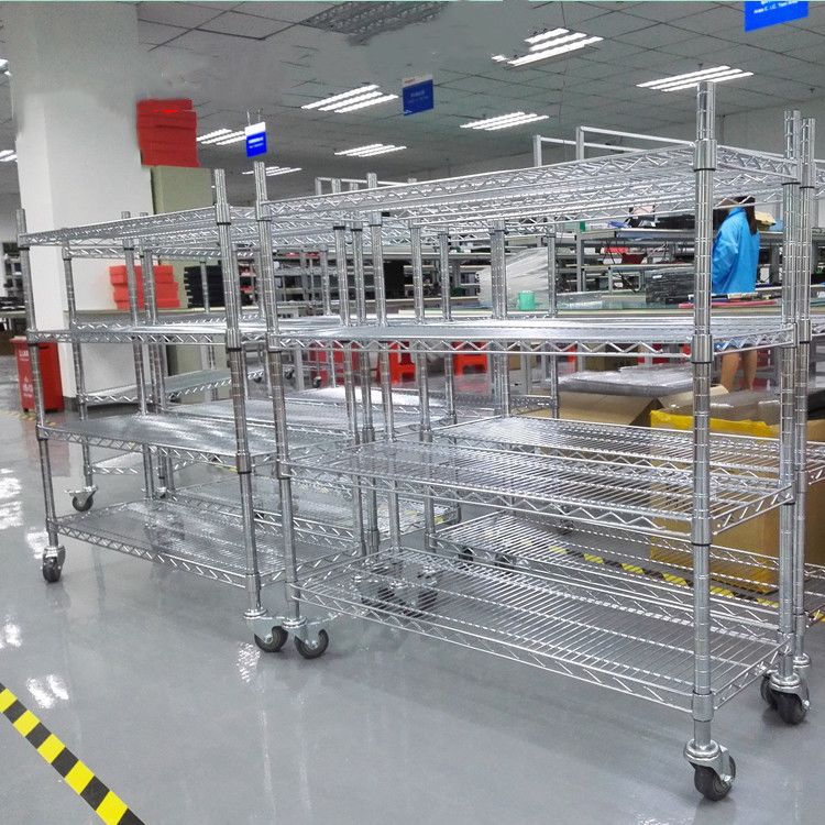 镀铬线网货架加厚不锈钢色带轮子可移动仓库车间多层置储物花架子