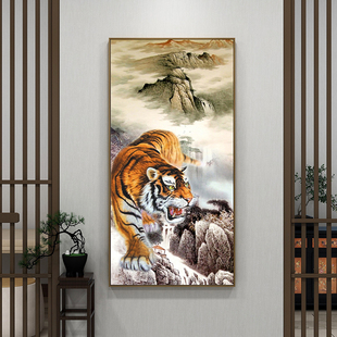 中式老虎猛虎下山装饰画虎啸山林图入户玄关过道走廊卧虎背景挂画