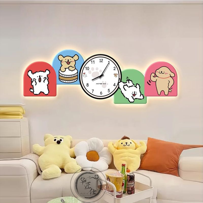 2025新款多巴胺客厅装饰画带挂钟线条小狗高档卧室沙发背景墙挂画