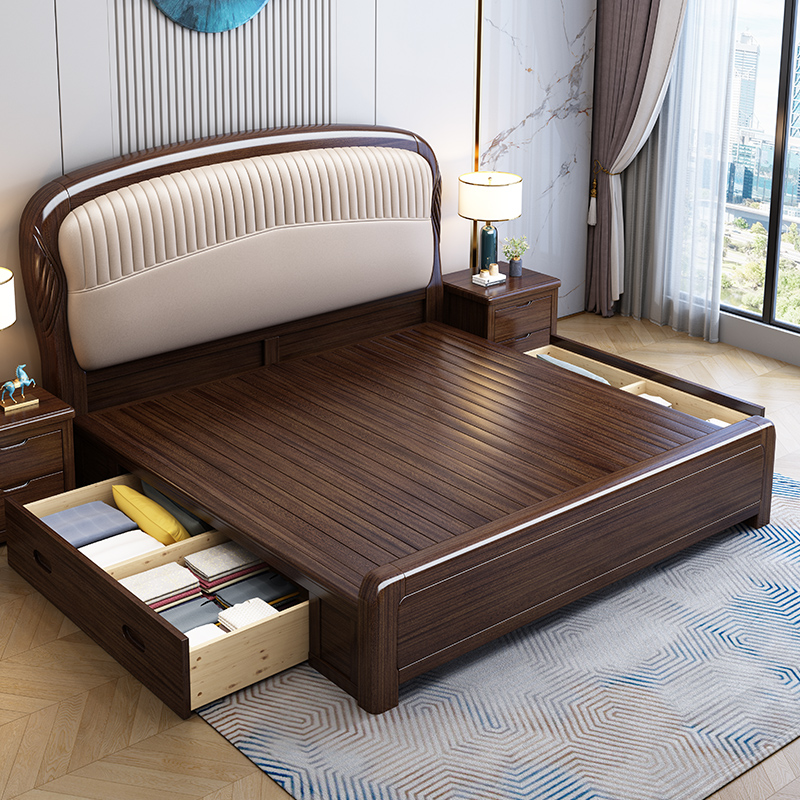 全友家居紫金檀木新中式全实木床1.5米现代简约真皮软包主卧1.8米