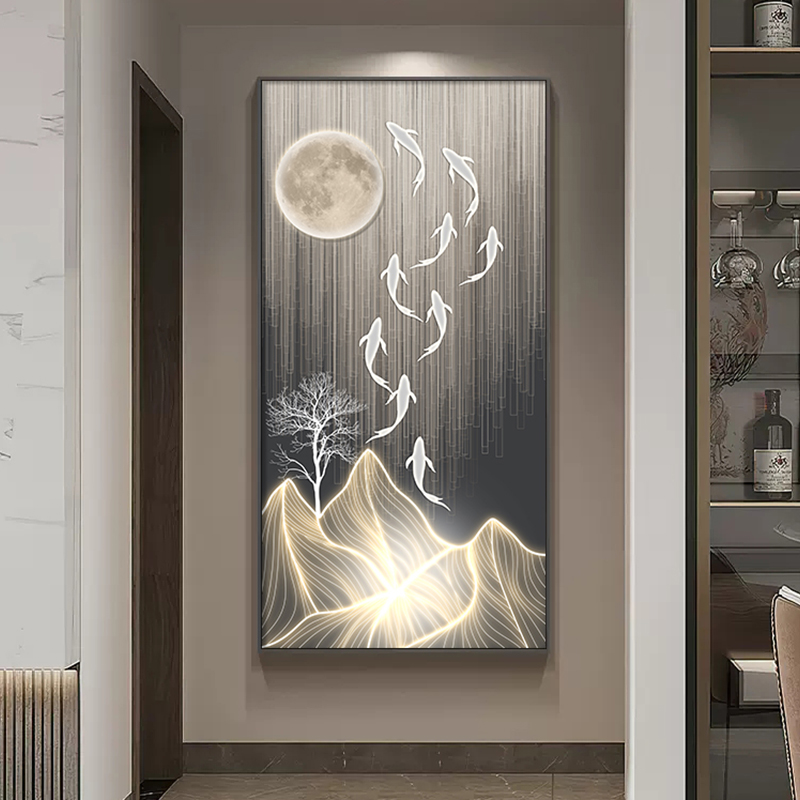 九鱼玄关装饰画寓意走廊过道挂画带led灯高级感轻奢现代高档壁画