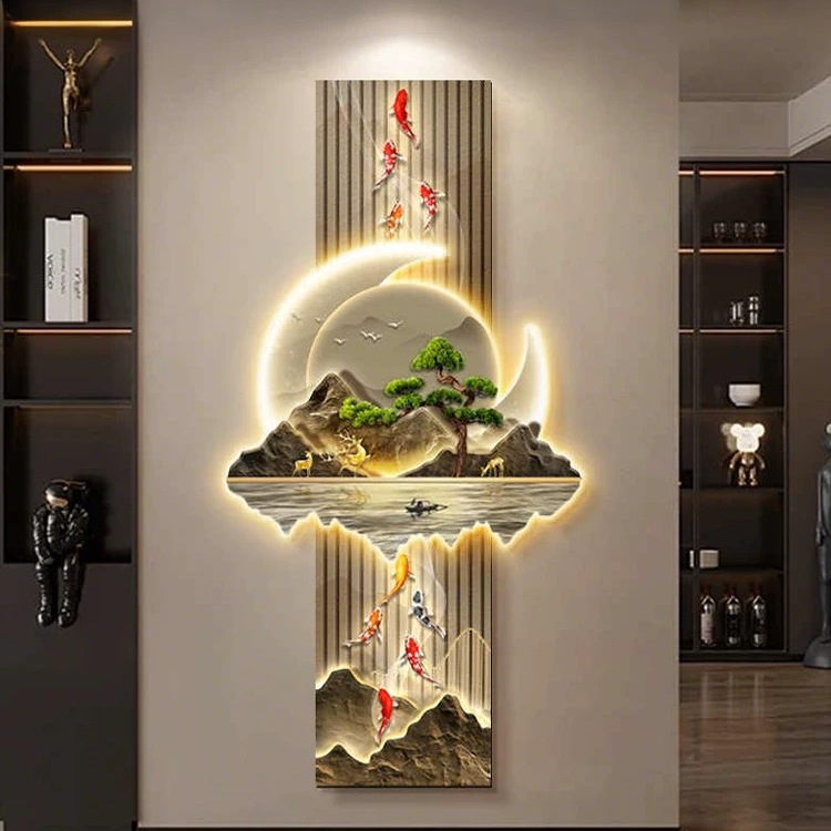 九鱼图入户玄关装饰画带灯山水画走廊过道壁画精雕晶瓷画壁灯挂画