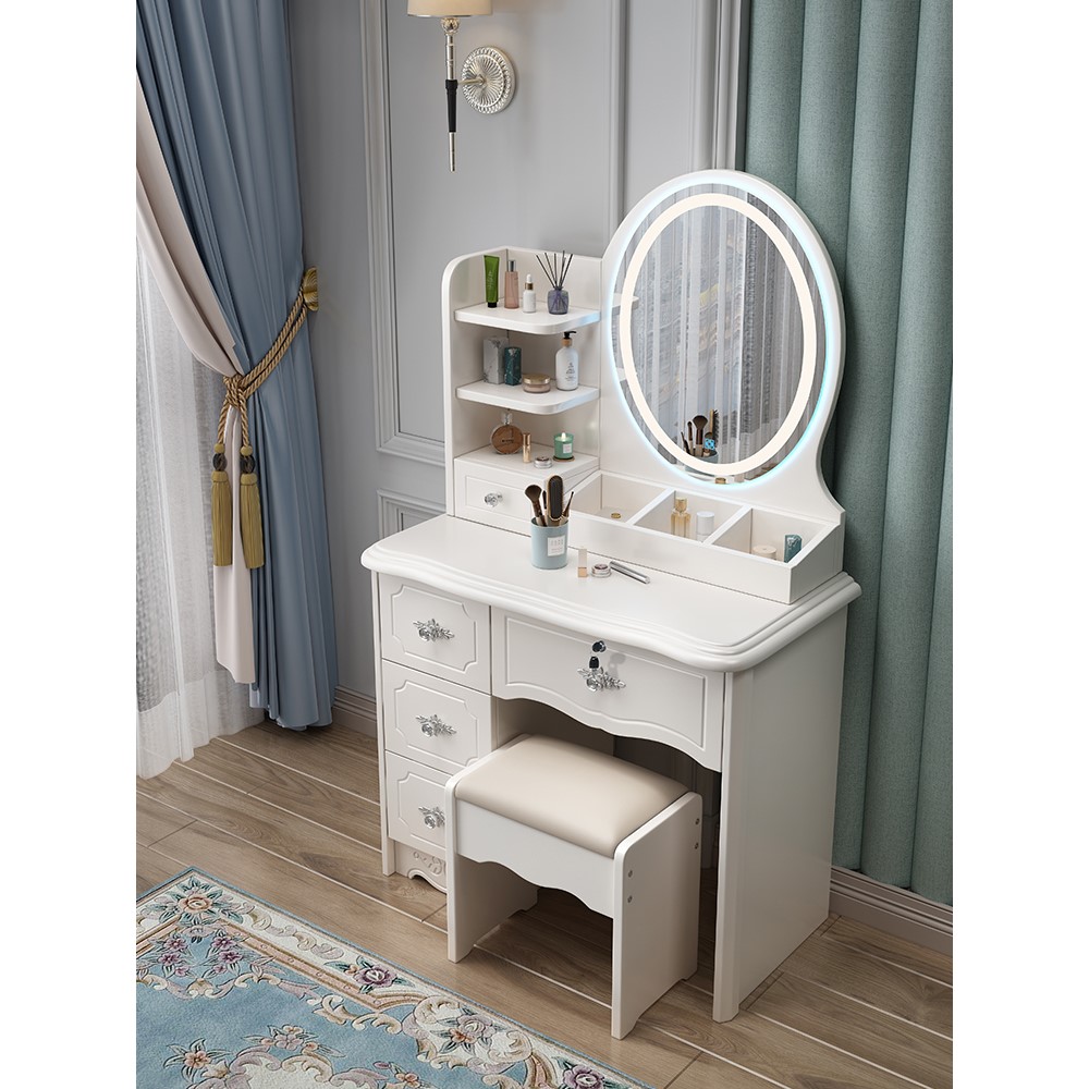 白色烤漆梳妆台现代卧室简约小户型70cm收纳柜一体化妆桌带灯欧式