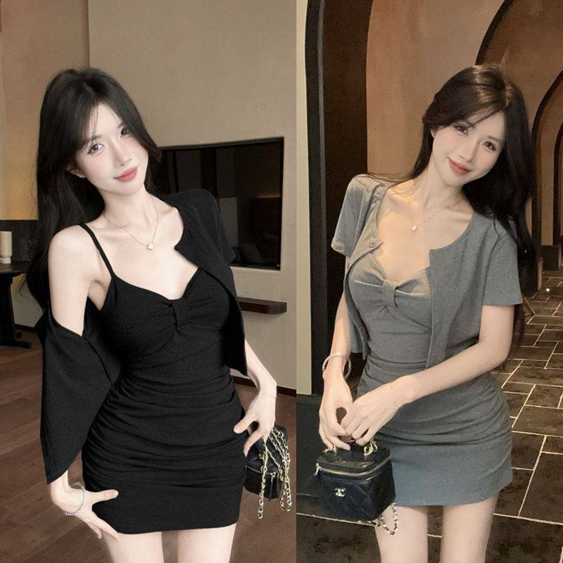 夏季辣妹连衣裙两件套装女性感v领吊带胸垫包臀短裙+防晒开衫外套,女装/女士精品,时尚套装,淘宝优惠券,粉丝福利购,淘宝优惠卷