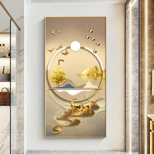 晶瓷画现代中式入户玄关装饰画创意竖版轻奢客厅走道餐厅背景挂画