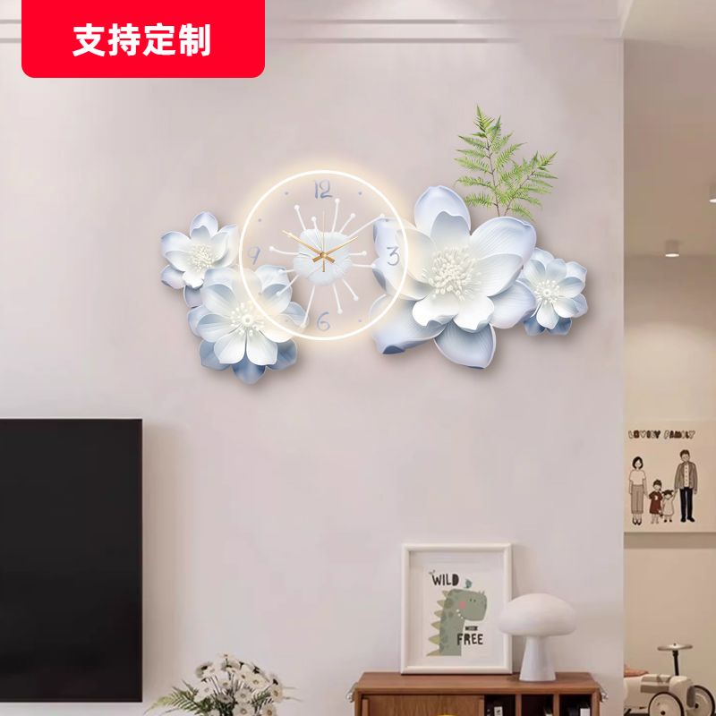 牡丹奶油装饰画餐厅挂钟小众艺术挂画客厅电视背景墙2024新款钟表