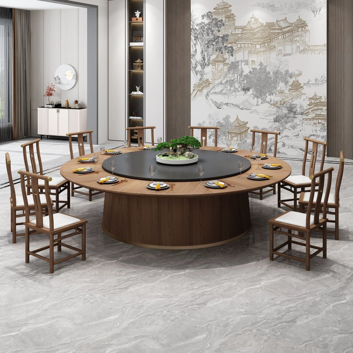 新中式酒店大圆桌电动实木餐桌带岩板转盘15人20人饭店餐厅家用桌