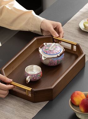 茶杯放置盘板栗色金属八角提手茶托盘茶具茶杯收纳干泡小茶盘家用