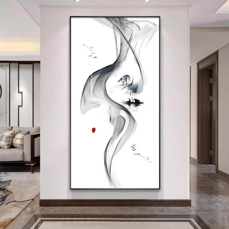 新中式禅意水墨入户玄关装饰画现代简约线条山水壁画走廊过道挂画