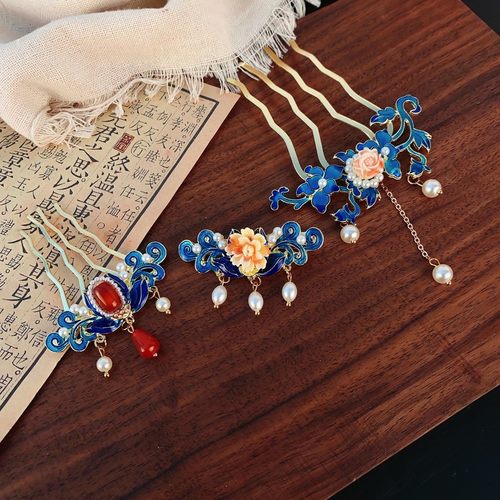 【烧蓝专拍】汉服古风发簪新中式簪子宫廷配饰烧蓝簪景泰蓝饰品