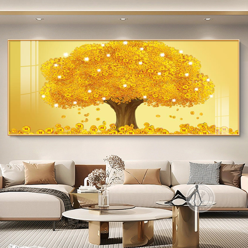壁画满地挂画轻奢黄金办公室发财树背景墙沙发聚财客厅现代装饰画