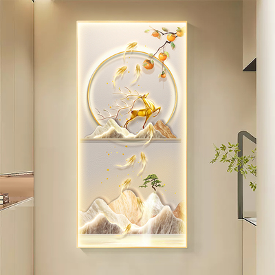 LED带灯玄关装饰画现代简约奶油风入户正对门走廊挂画过道壁画