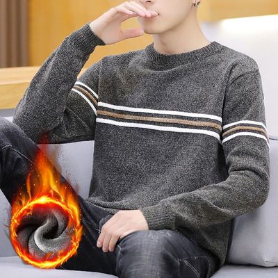 雪尼尔秋冬毛衣韩版修身款打底圆领条纹拼接毛衣男针织衫