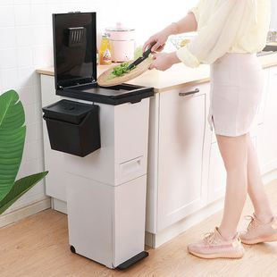 免弯腰厨房垃圾桶窄型双层分类垃圾桶高日式家用加高二合一网红