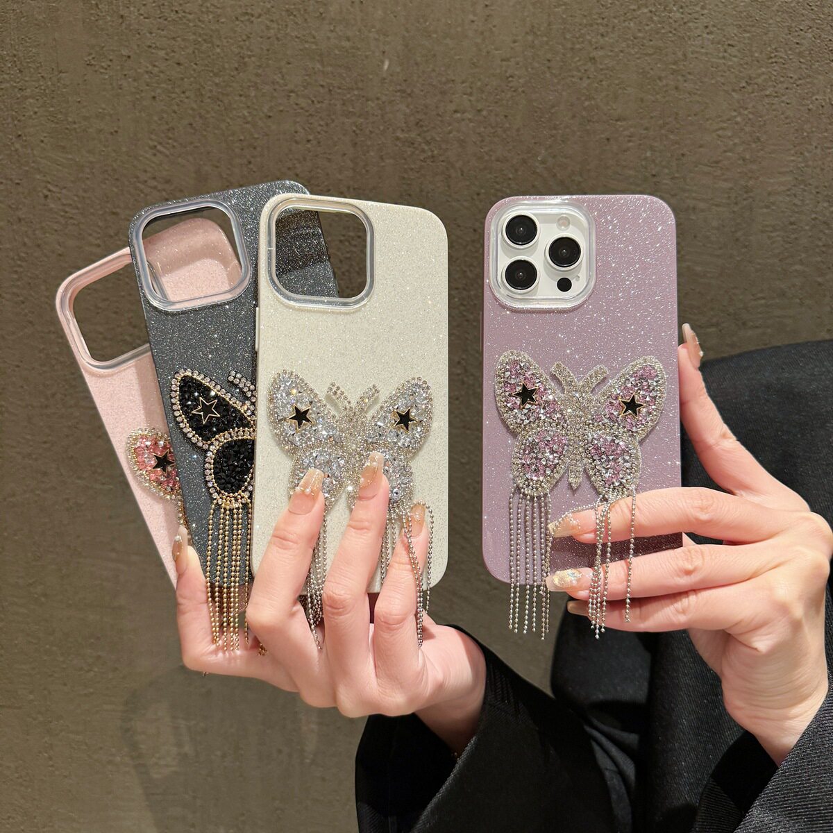 轻奢闪钻蝴蝶适用于iPhone16手机壳闪粉15promax奢华苹果14高级感iphone13流苏16promax立体16plus女款潮流