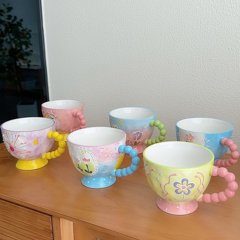 浮雕陶瓷珠珠把手马克杯大容量可爱高颜值水杯燕麦早餐牛奶杯子