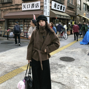 入冬韩系咖色立领长袖短大衣2025新款加厚宽松开衫毛呢外套上衣女