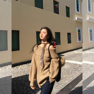 一字领露肩长袖加厚针织毛衣女装深秋韩系超好看加厚宽松锁骨上衣