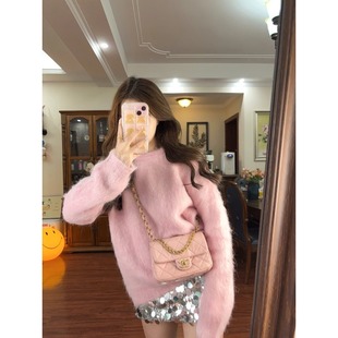 2025新款 毛绒绒粉色毛衣女秋冬季 外穿宽松慵懒风软糯温柔针织上衣