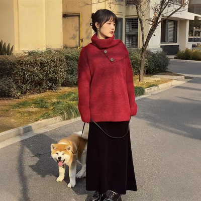 红色时尚上衣女时髦洋气氛围感2025秋冬新款加厚宽松长袖围脖毛衣