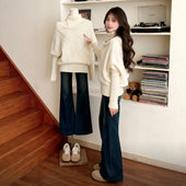 温柔风不规则高领宽松米白色毛衣女巨好看 设计感小众针织衫 上衣