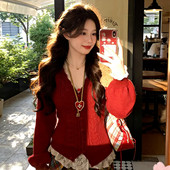 新年战袍红色V领针织开衫 小个子上衣 超好看 毛衣女2026春季 新款