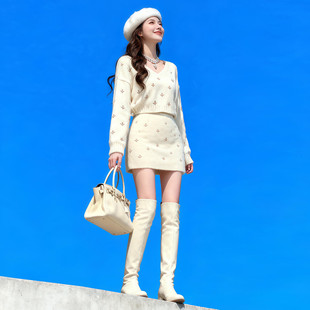 小个子香风v领针织套装连衣裙女2026春季新款气质显瘦包臀短裙子