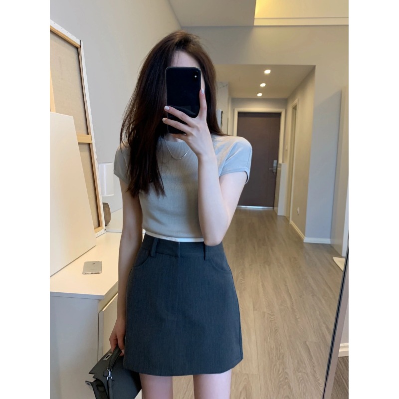 正肩T恤圆领针织衫短袖女夏季薄款高级感气质修身显瘦白灰色上衣