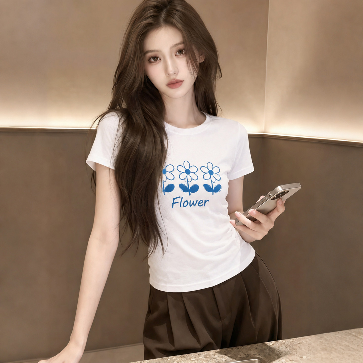 蓝色花短袖三朵小花印花t恤女装超好看日常百搭高级感白色上衣服