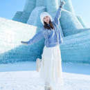 费尔岛蓝色圆领长袖 加厚针织毛衣连衣裙子女秋冬韩系ootd穿搭长裙