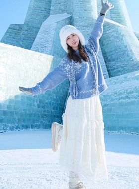 费尔岛蓝色圆领长袖加厚针织毛衣连衣裙子女秋冬韩系ootd穿搭长裙