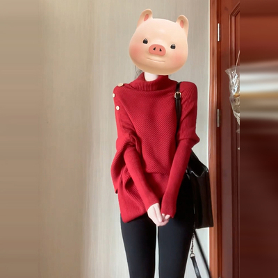 红色高领不规则毛衣女秋冬季新款加厚慵懒风宽松套头长袖针织上衣