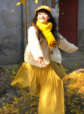 韩系冬季气质ootd黄色毛衣连衣裙子绝美巨好看甜妹宽松加厚长裙女