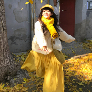 韩系冬季气质ootd黄色毛衣连衣裙子绝美巨好看甜妹宽松加厚长裙女