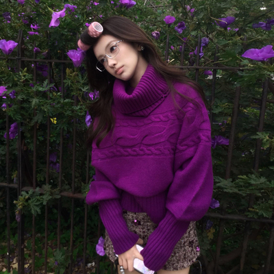 高领加厚紫色针织毛衣女秋冬新款气质高级感掐腰短款套头长袖上衣