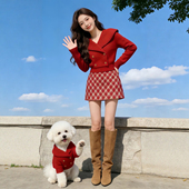 气质显瘦套装 新年战袍高级感红色针织连衣裙子女2026春季 新款 短裙