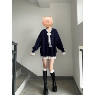 蕾丝蝴蝶结拼接v领毛衣女2025秋冬季 上衣 慵懒风宽松针织衫 中长款