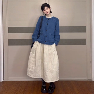 开衫 秋冬装 叠穿毛衣裙 森系温柔风蓝色圆领针织连衣裙女款 chic韩式