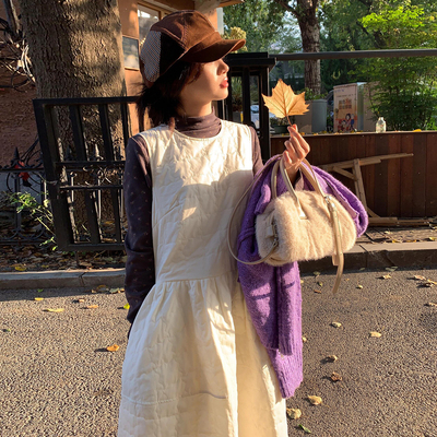 miu系韩式加厚圆领背心裙子2025秋冬季宽松镂空系带长款连衣裙女