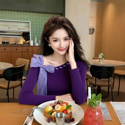 紫色长袖打底衣女内搭高级感小心机斜肩蝴蝶结短款毛衣针织衫秋冬