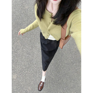 毛衣女春秋慵懒高级感气质百搭圆领软糯外套上衣 牛油果绿针织开衫