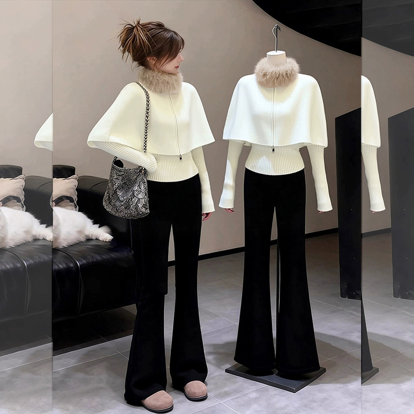 别致白色毛领斗篷长袖针织毛衣秋冬季新款时尚减龄短款修身上衣女