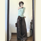 韩版 慵懒风高腰宽松三件套 女秋季 miu长袖 上衣潮流斜肩浅绿T恤衬衫