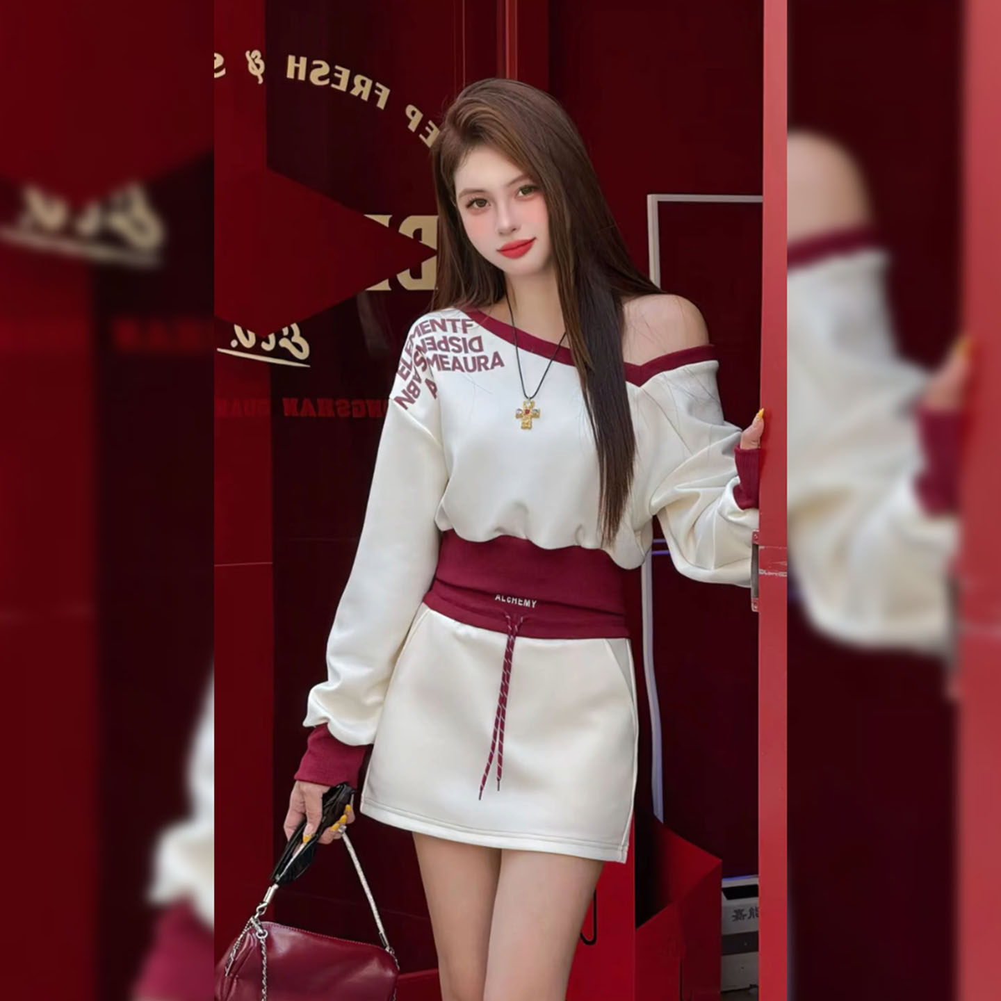 韩系撞色字母斜领长袖连衣裙子秋季气质露肩设计感高腰修身短裙女